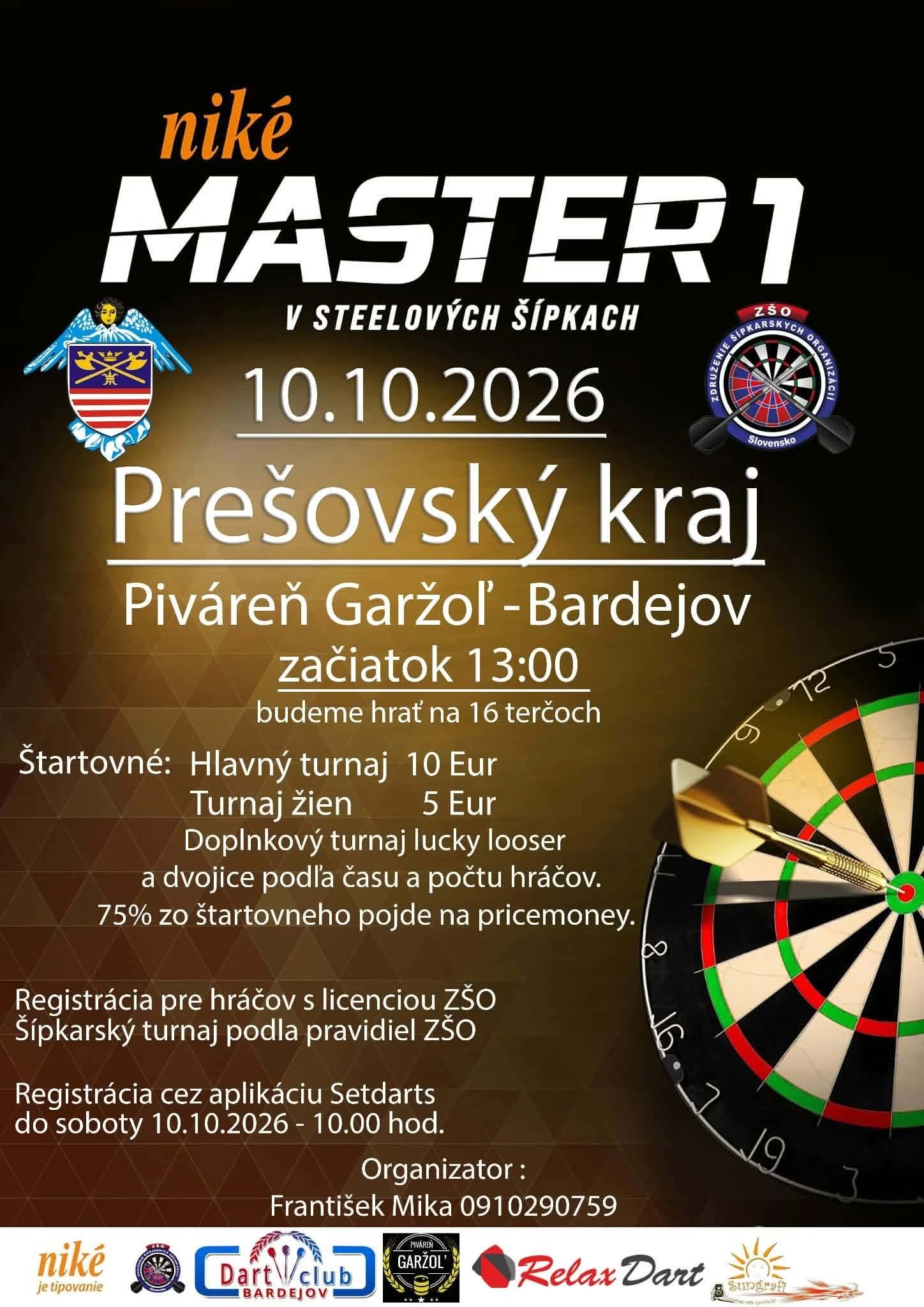 Oficiálny plagát Niké Master č. 1 v steelových šípkach, Bardejov, Piváreň Garžoľ, 10. október 2026, začiatok 13:00
